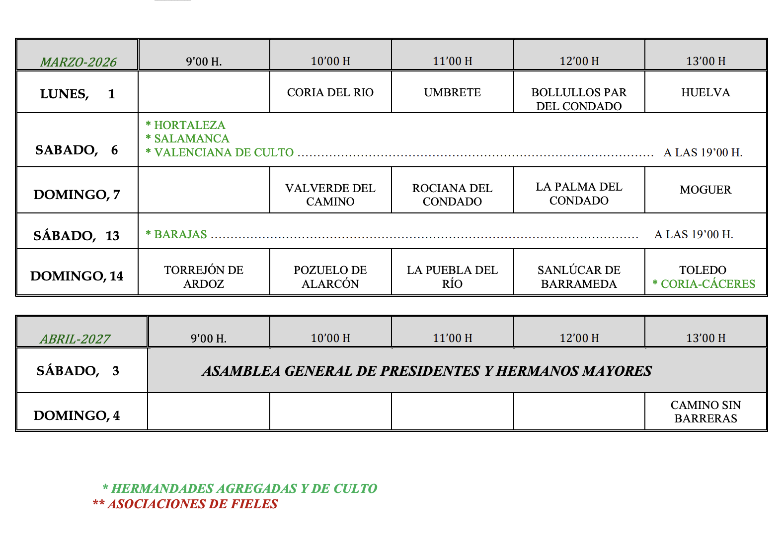 Calendario de peregrinaciones extraordinarias hermandades del Rocío Marzo Abril 2027