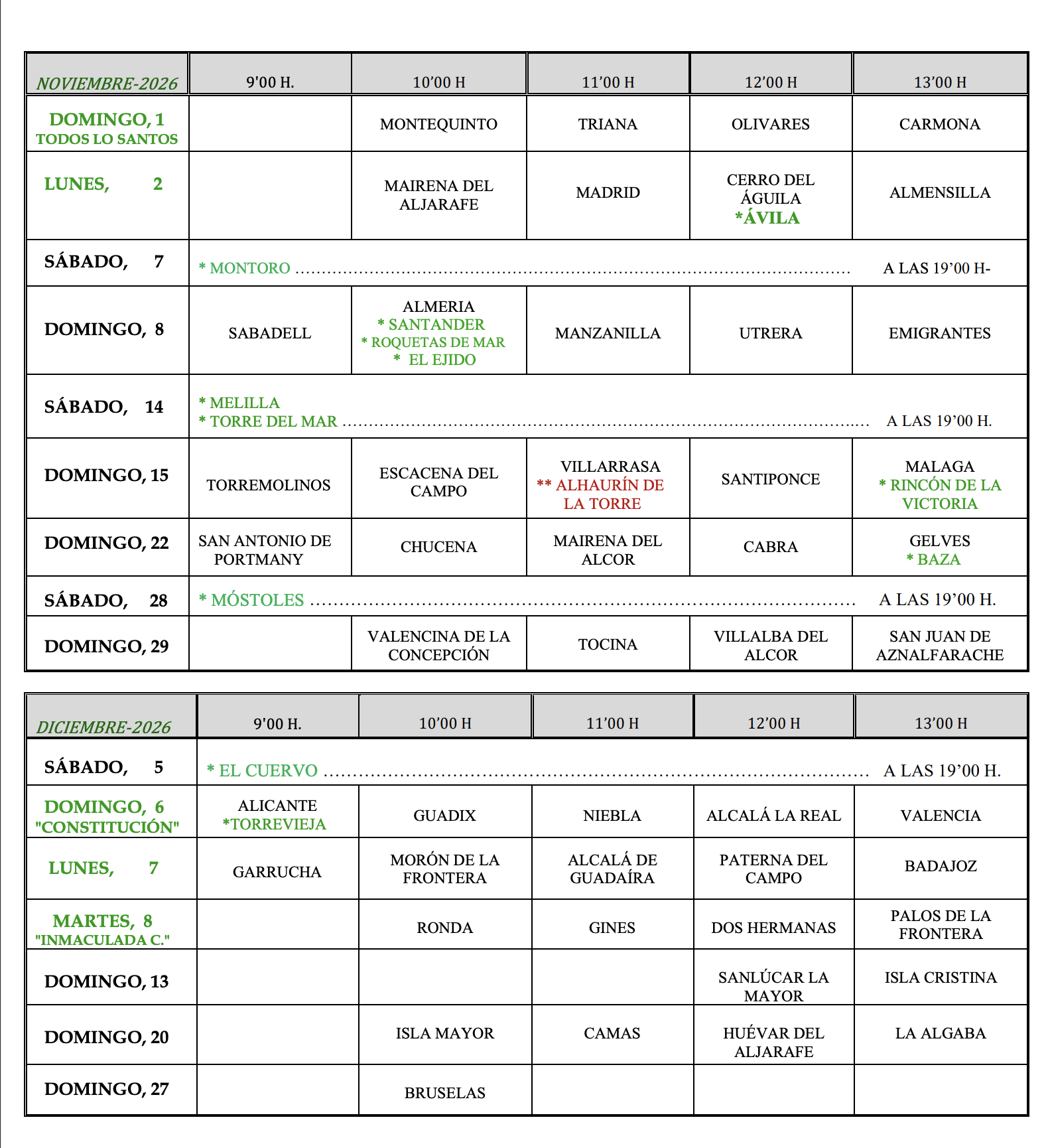 Calendario de peregrinaciones extraordinarias hermandades del Rocío (Noviembre Diciembre 2026)