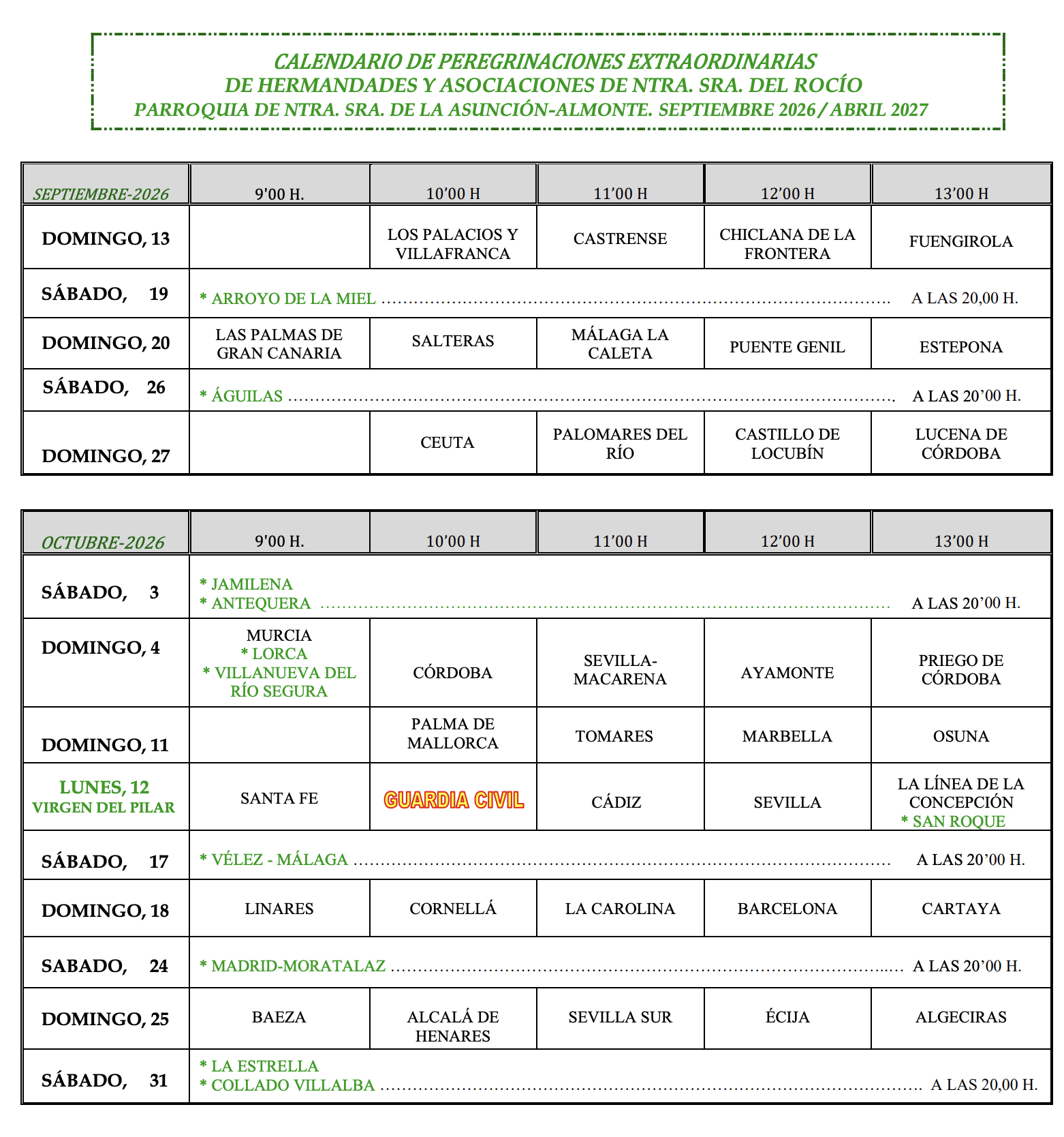 Calendario de peregrinaciones extraordinarias hermandades del Rocío (Septiembre Octubre 2026)