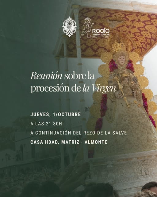 Virgen del Rocío vestida con manto dorado y corona, portada en andas decoradas con flores durante procesión religiosa en Almonte