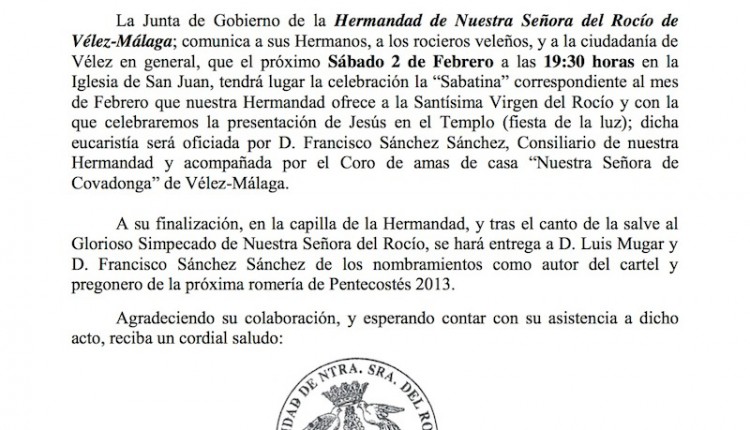 Hermandad de Vélez-Málaga – Sabatina y nombramientos del autor del cartel y del pregonero de la próxima romería 2013