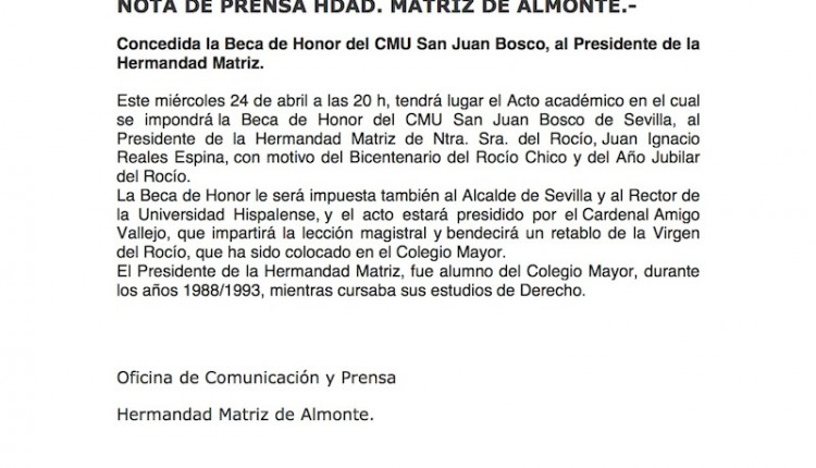 Beca de Honor del CMU San Juan Bosco de Sevilla  al Presidente de la Hermandad Matriz