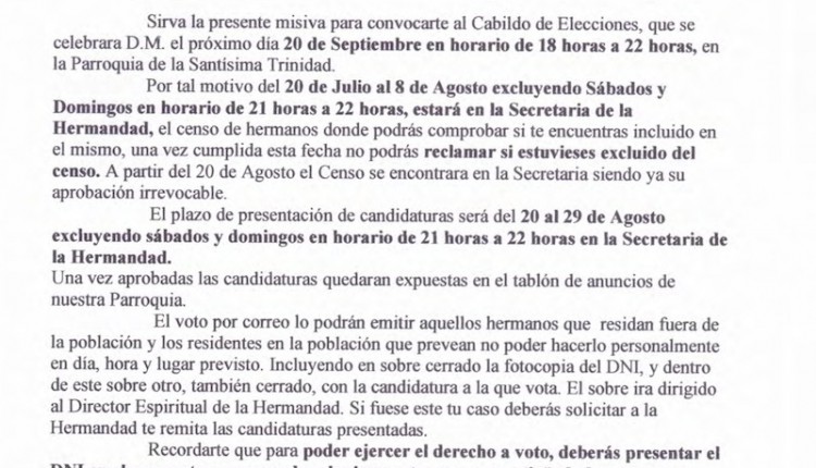 Hermandad de Chiclana – Censo de Hermanos y Cabildo de Elecciones