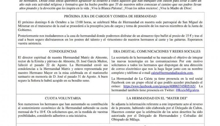 Hermandad de Málaga la Caleta – Hoja Informativa