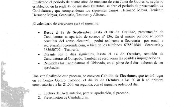 Hermandad de Ronda – Proceso electoral y convocatoria Cabildo Elecciones