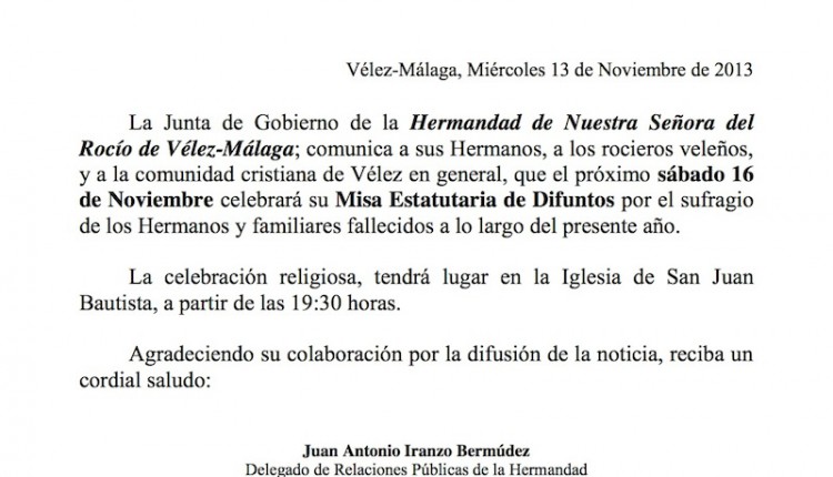 Hermandad de Vélez Málaga – Misa estatutaria de difuntos