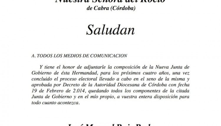 Hermandad de Cabra – Saluda del Presidente y composición nueva Junta