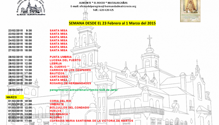 Calendario semanal de peregrinaciones al Santuario del Rocío del 23 de febrero al 1 de marzo de 2015