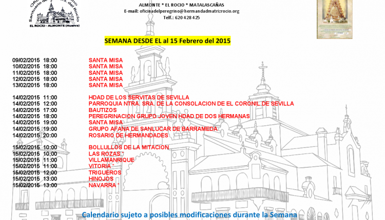 Calendario semanal de Peregrinaciones del 9 al 15 de febrero