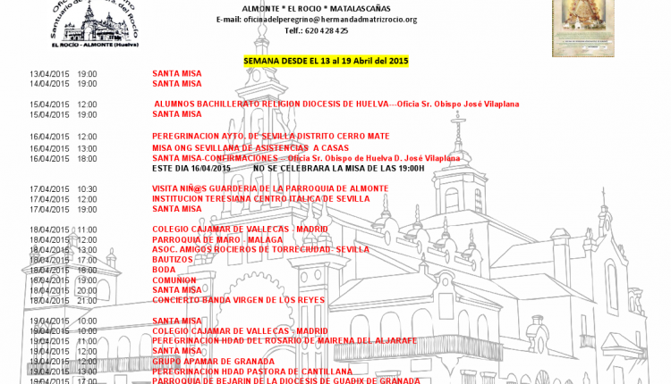 Calendario semanal de Peregrinaciones al Rocío del 13 al 19 de abril de 2015