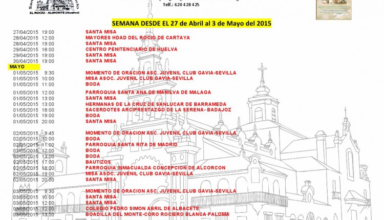 Calendario semanal de Peregrinaciones al Rocío del 27 de abril al 3 de mayo de 2015
