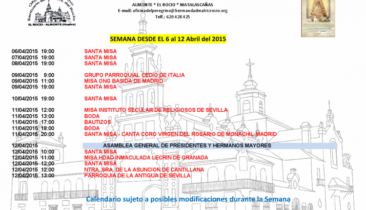 Calendario semanal de Peregrinaciones del 6 al 12 de abril de 2015