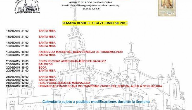 Calendario de Peregrinaciones al Santuario del Rocío del del 15 al 21 de junio de 2015
