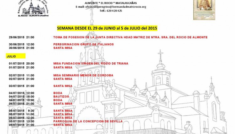 Calendario de Peregrinaciones del 29 de junio al 5 de julio de 2015