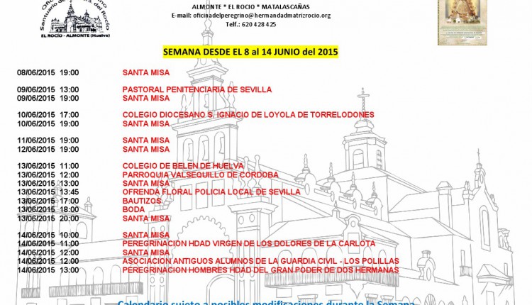 Calendario de Peregrinaciones del 8 al 14 de junio de 2015