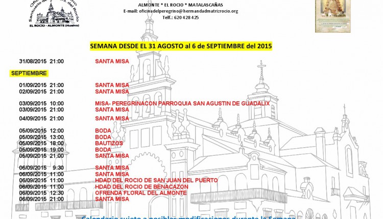 Calendario de Peregrinaciones del 31 de agosto al 6 de septiembre de 2015