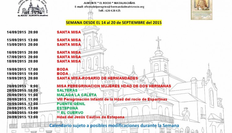 Calendario de Peregrinaciones del 14 al 20 de septiembre de 2015