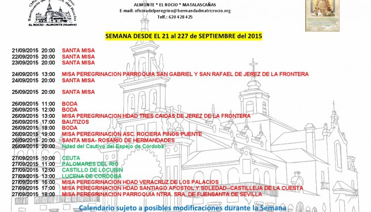 Calendario de Peregrinaciones del 21 al 27 de septiembre de 2015