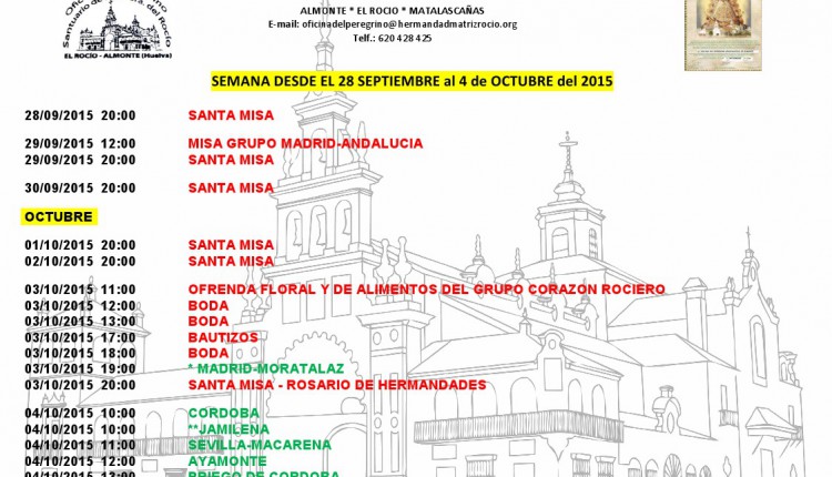 Calendario de Peregrinaciones del 28 de septiembre al 4 de octubre de 2015