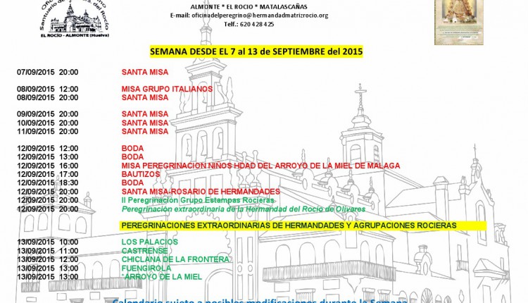 Calendario de Peregrinaciones del 7 al 13 de septiembre de 2015