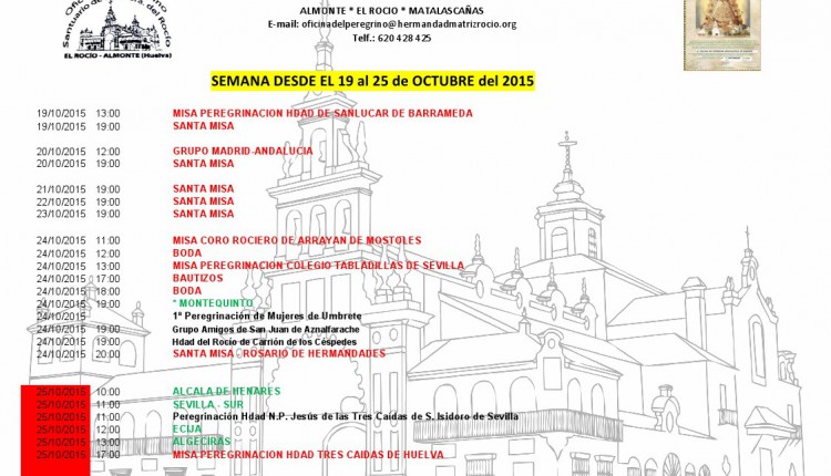 Calendario de Peregrinaciones al Rocío del 19 al 25 de octubre de 2015