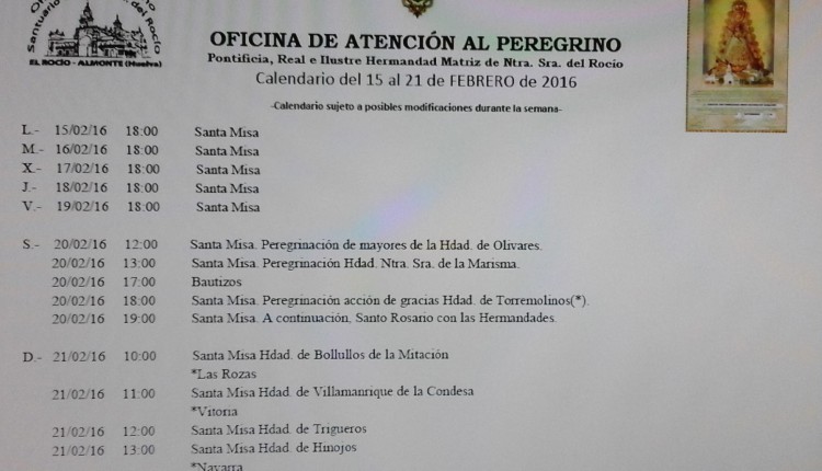 Calendario de Peregrinaciones y Actos del 15 al 21 de febrero de 2016