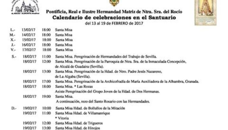 Calendario de Celebraciones en el Santuario del Rocío del 13 al 19 de febrero de 2017