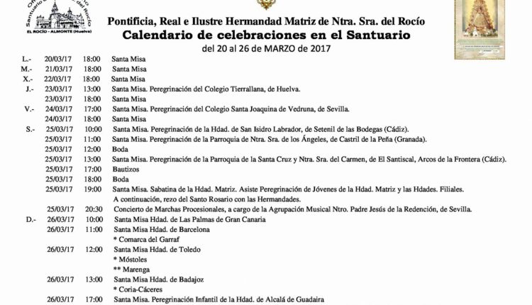 Calendario de Celebraciones en el Santuario del Rocío del 20 al 26 de marzo de 2017