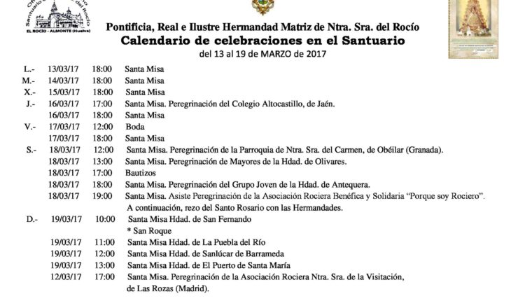 Calendario de Celebraciones en el Santuario del Rocío del 13 al 19 de marzo de 2017