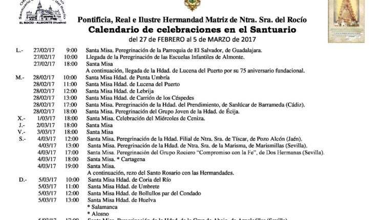 Calendario de Celebraciones en el Santuario del Rocío del 26 de febrero al 5 de marzo de 2017