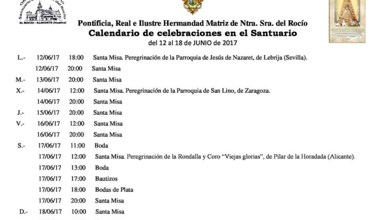 Calendario de Celebraciones en el Santuario del Rocío del 12 al 18 de junio de 2017