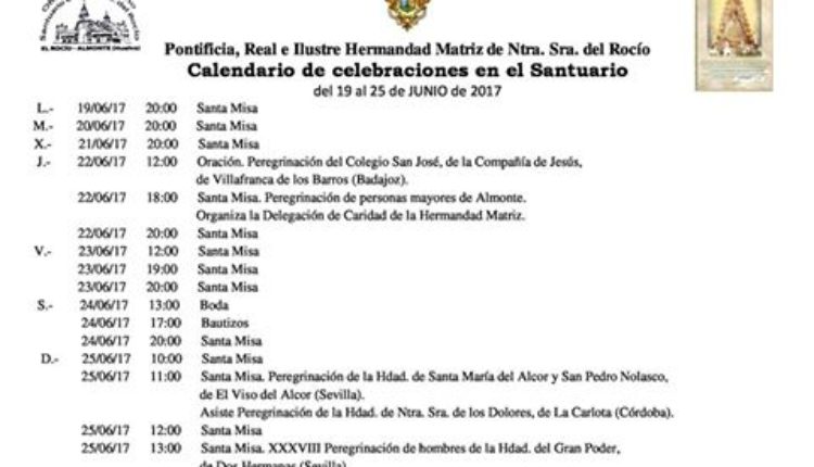Calendario de Celebraciones en el Santuario del Rocío del 19 a 25 de junio de 2017