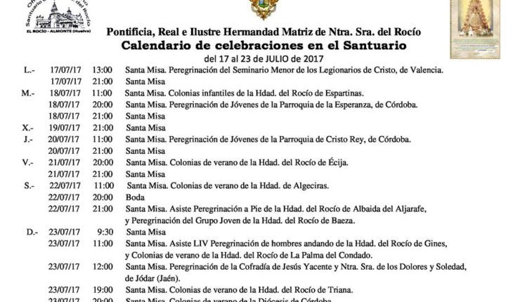 Calendario de Celebraciones en el Santuario del Rocío del 17 al 23 de julio de 2017