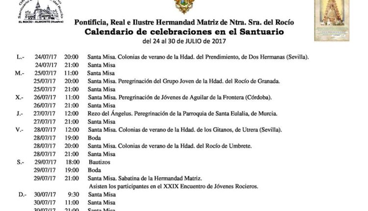 Calendario de Celebraciones en el Santuario del Rocío del 24 al 30 de julio de 2017