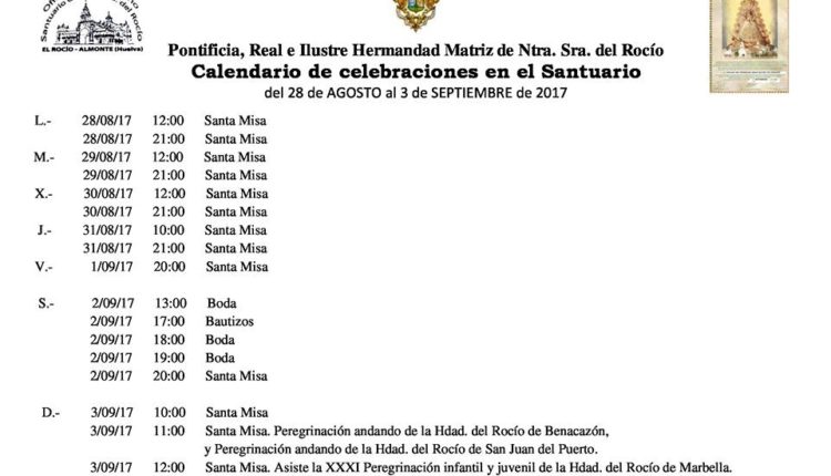 Calendario de Celebraciones en el Santuario del Rocío del 28 de agosto al 3 de septiembre de 2017