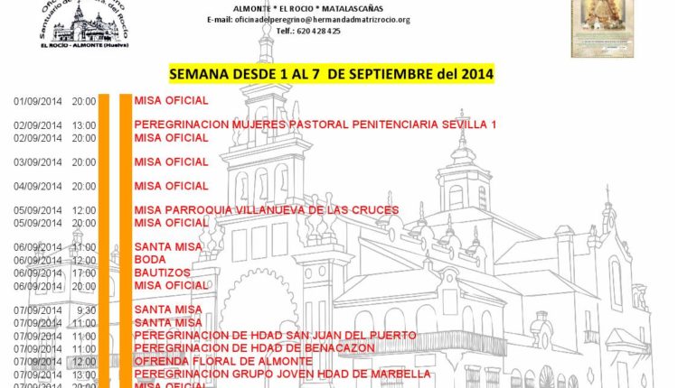 Calendario de Celebraciones en el Santuario del Rocío del 1 al 7 de septiembre de 2017