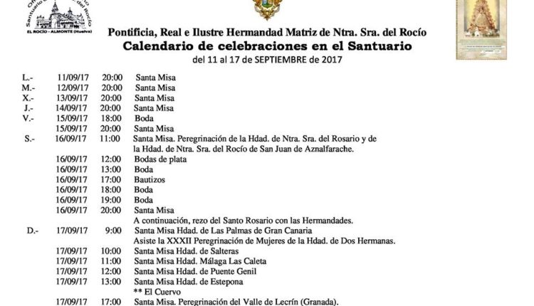 Calendario de Celebraciones en el Santuario del Rocío del 11 al 17 de septiembre de 2017