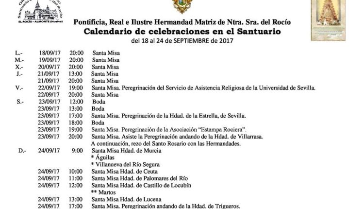 Calendario de Celebraciones en el Santuario del Rocío del 18 al 24 de septiembre de 2017