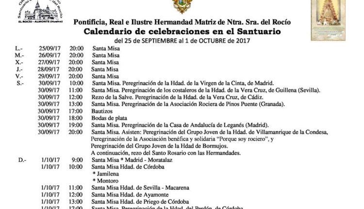 Calendario de Celebraciones en el Santuario del Rocío del 25 de septiembre al 1 de octubre de 2017