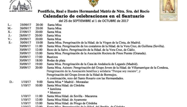 Calendario de Celebraciones en el Santuario del Rocío del 25 de septiembre al 1 de octubre de 2017
