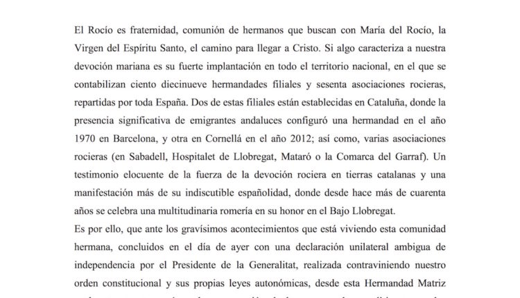 Cataluña – Comunicado de la Hermandad Matriz