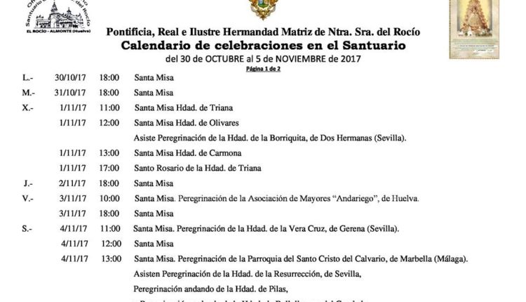 Calendario de Celebraciones en el Santuario del Rocío del 30 de octubre al 5 de noviembre de 2017