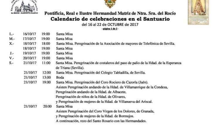Calendario de Celebraciones en el Santuario del Rocío del 16 al 22 de octubre de 2017