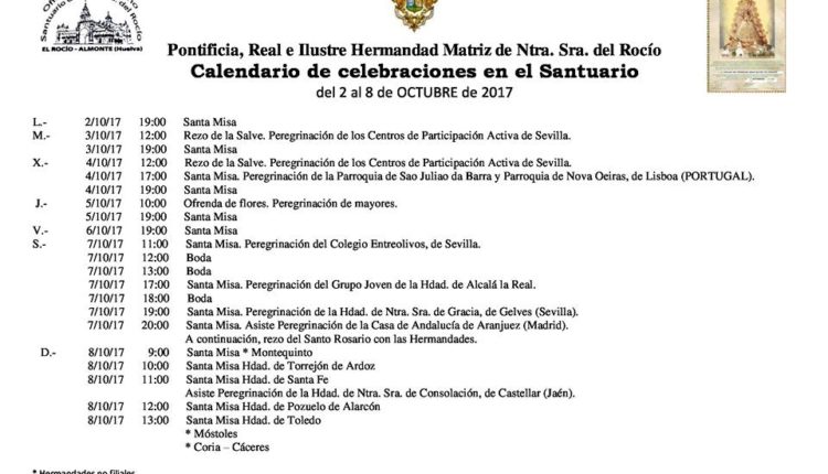 Calendario de Celebraciones en el Santuario del Rocío del 2 al 8 de octubre de 2017