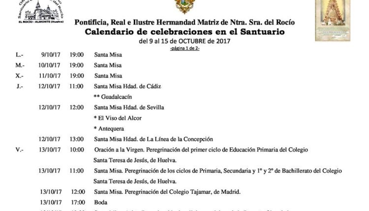 Calendario de Celebraciones en el Santuario del Rocío del 9 al 15 de octubre de 2017-2