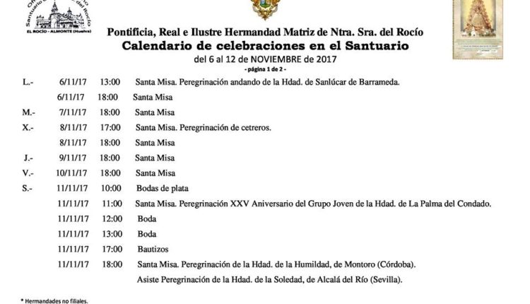 Calendario de Celebraciones en el Santuario del Rocío del 6 al 12 de noviembre de 2017
