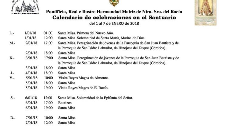 Calendario de Celebraciones en el Santuario del Rocío del 1 al 7 de enero de 2018