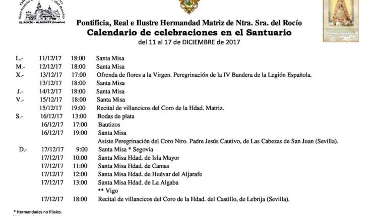 Calendario de Celebraciones en el Santuario del Rocío del 11  al 17 de diciembre de 2017