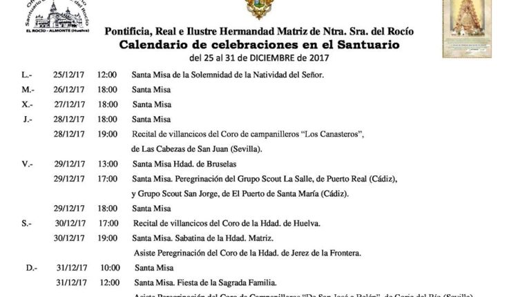 Calendario de Celebraciones en el Santuario del Rocío del 24 al 31 de diciembre de 2017