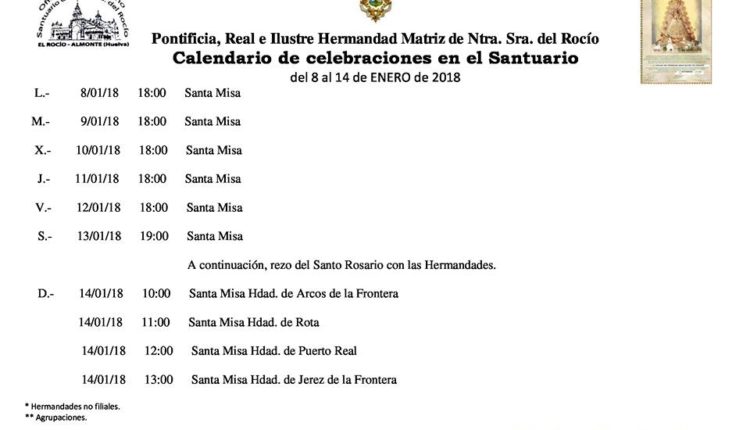 Calendario de Celebraciones en el Santuario del Rocío del 8 al 14 de enero de 2018